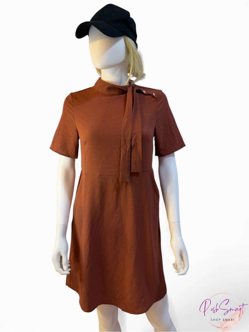 Vero Moda Kassandra Short Sleeve Tie Neck Mini Dress Rust Brown | Size S